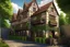 Placeholder: large medieval gothic inn, with a balcony, next to a sloping, cobbled road, surrounded by trees with dense foliage, photo-realistic