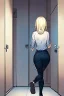 Placeholder: blonde girl runs in a corridor, back view, line arts, manga style