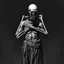 Placeholder: The image is a dark, haunting, monochromatic artwork that portrays a skeletal figure embracing or overpowering a human-like strong male figure. The skeletal entity looms from behind, its bony arms wrapped around the human, who appears to be partially draped in tattered cloth and in a state of despair or submission. ...