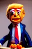 Placeholder: a Film Photograph of an orange Donald Trump Muppet made of felt and fur wearing a dark blue suit and red tie, he is angry and old