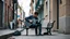 Placeholder: background is random street. side view. random view angle. random street guitarist random the guitar player is sitting on a bench.