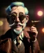 Placeholder: steampunk, cabaret scene. old man. little monkey, Sunglasses, rain, smoking, happy, hot. people background, highly detailed, concept art, unreal engine 5, god rays, ray tracing, RTX, lumen lighting, ultra detail, volumetric lighting, 3d, finely drawn, high definition, high resolution.