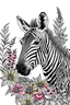 Placeholder: portrait of zebra and background fill with flowers on white paper with black outline only