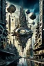 Placeholder: a stunningly weird image of a futuristic metropolis using Salvador Dali's paranoiac-critical method, where buildings and structures appear to melt into the skyline cityscape is filled with floating mad, twisted sharp metal shapes that interact with the buildings and each other, forming a surreal tableau of a dreamlike reality. neu-steampunk vibe, essence of the scene in a cinematic manner, with dramatic shadows that enhance the distorted perspectives and bizarre, futuristic surreal vibe