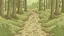 Placeholder: Cartoon style Forest with trees, muddy footprints in the path, in the middle of the picture. Trees on the left and right from the path.