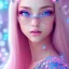 Placeholder:  beautiful, soft, whide smile face,whole head, long blonde straight hair, blue eyes, fairy wings on the back, transparent crystal blue and pink clothes, background blue and pink, big definition, 8K