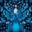 Placeholder: make a picture pretty stage made of metallic cyan-gray teme 3d fractal recursive cubic and sphere base structures and a beautiful fashion model lady posing with cute,with blue teme Chic style pants with a tight shirt and jacket,high heels ,makeup curvy long hair,dynamic camera zoom to full body and pan, dynamic lights.