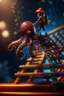 Placeholder: octopus climbing a ladder, wizard fireball in background, in the style of fantasy movies, photo-realistic, shot on Hasselblad h6d-400c, zeiss prime lens, bokeh like f/0.8, tilt-shift lens 8k, high detail, smooth render, down-light, unreal engine 5, cinema 4d, HDR, dust effect, vivid colors, smoke, dust, fireflies