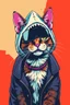 Placeholder: cat with shark mask hat solana flying space x cypher punk japanese style in the style of warhol