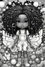 Placeholder: Create an coloring page of a psychedelic illustration of a chibi cartoon black young girl wearing overalls and boots. . Highly detailed sister locs. Background of a large bubbles and butterflies all around her, black and white
