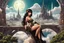 Placeholder: erotic sci-fi steampunk pin-up girl, with long dark hair with bangs, on an alien planet with cloud trees, tall spires, buildings, bridges, arches, photorealistic