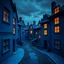 Placeholder: Fotografia di strada assurda e falsa orripilante blu weirdcore dai colori vivaci. Noe. Non luogo falso, inusuale. Max Ernst. Le case sono false e dipinte di nero chiaro con cose stilizzate e dettagli. Ci sono finestrelle false quadrate, che danno un senso distopico e molto surreale, disposte in modo casuale. L'atmosfera generale sembra noiosa e onirica, con un contrasto tra elementi reali ed elementi dipinti falsi, René Magritte