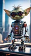 Placeholder: Hairy Gremlin pimp robot on hipster star ship parked on top of sky scraper,bokeh like f/0.8, tilt-shift lens 8k, high detail, smooth render, down-light, unreal engine, prize winning