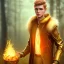 Placeholder: Male, Human, Blond, Sorcerer, Fire Mage, Golden Eyes, Young, Photorealism, Full Body Shot, Forest Background