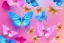 Placeholder:  gold background, rise of soft transparent blue and pink butterflies