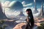 Placeholder: exotic slim sci-fi girl, with long dark hair with bangs, on an alien planet with cloud trees, tall spires, buildings, bridges, arches, photorealistic