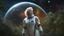 Placeholder: A full-body photorealistic image of an adventurous older woman from the future, dressed in a tailored, full-body spacesuit, stands proudly beside her huge cargo spaceship, no wings, standing on a metal box. Her untidy, blond hair has bangs, standing in a jungle clearing. The scene is framed by a cosmic expanse of stars and nebulas.