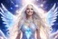 Placeholder: very beautiful cosmic women with white long hair, smiling, with cosmic dress and crystal wings. in the background there is a bautiful lightblue sky with stars and light beam