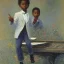 Placeholder: African American baby boy musician with black piano modern art by monet