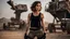 Placeholder: beautiful slender caucasian female technician with a knife, black tank top, well toned muscles, weathered face, scratched sand camo metal details, short brunette wavy bob haircut, dystopian, desert scene with smoke and explosions