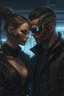 Placeholder: a handsome cyberpunk man wearing a mask connected by wires with a beautiful cyberpunk woman