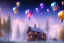 Placeholder: a village in the woods with galaxy sky and 4 balloons