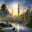 Placeholder: landscape, river, sun, mosque, no gold color.