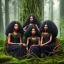 Placeholder: Octane render. Ultra realistic photo .a group of women.five young black women sitting around a fire. Black Sisters. Sitting and Standing together. the face of A young black woman. A wood nymph emerging from the forest. Her hair looks like vines. Dreadlocs. Her skin is the colour of dark soil. Her skin looks like tree bark. Her clothing is made of vines, grass and leaves.