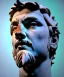 Placeholder: Ultra Realistic image, roman sculpture, marble deluxe material, Lionel Messi, Laurel leaves crown model, miguel angel style, chisel style, emperador, waist up portrait, cinematic lighting, God light, god rays, 4k resolution, smooth details, ornate details, soft lighting, unreal engine 5, soft cyan background.