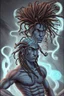 Placeholder: A young male water genasi with deep blue skin color, waterlike dreads on head. Shaolin monk with long stick weapon,