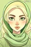 Placeholder: Simple drawing, Blonde, Green eyes, blonde eyebrows ، ،wearingg a hijab a ، write Bella signature Bella, cartoon style, color flat