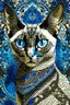 Placeholder: mesmerizing cinematic illustration of a regal sphinx-like Siamese cat, portrayed with masterful technique using a palette knife. The cat's captivating blue eyes hold a sense of enigma, while its lustrous silver and jewel-toned coat adds an air of elegance and sophistication. The intricate detailing of the cat's scales evokes the style of Gustav Klimt, and the pristine white background provides a striking contrast, enhancing the cat's beauty, power, and mystique. The painting's movement and depth