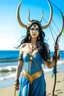 Placeholder: A picture of a blue Indian goddess with painted blue skin, wild black hair, deer antlers, elven ears, golden skirt, holding a bow on a sunny beach