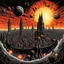 Placeholder: Infernal armada over London, just a ball spinning round the sun, horror surrealism, by Brian Bolland, by Dan Seagrave, by Philippe Druillett, maximalism, expansive hellscape, smooth, nightmarish, brilliant dark colors, crimson and black, infernal surreal sunset, ink illustration, Bolland's visceral style, dramatic