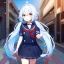 Placeholder: Clear focus, High resolution, long fluffy light blue hair, hair between eyes, long locks, wearing a sailor uniform, wearing a sailor skirt, long black socks, 1girl, cartoon, cute, UNFOTABLE studio, red tie, walking, outside setting