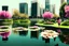 Placeholder: Modern city, people, pond, flowers