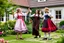 Placeholder: beautiful girls in German folk custom dancing in a modern villa garden yard