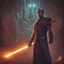 Placeholder: star wars bald male corellian jedi pilot wearing black and gunmetal grey old republic armored robes with gold trim, alone, battle-ready Jedi Master defending a ruined ancient city surrounded by golden light, centered head and shoulders portrait, hyperdetailed, dynamic lighting, hyperdetailed background, 8k resolution, volumetric lighting, light skin, fully symmetric details