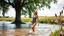 Placeholder: a beautiful lady in nice swim suit in river in country side next to river and big tree,wild flowers standing