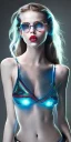 Placeholder: Scarlett Leithold intense red lips with dark red and green glasses backlit blue and cyan light