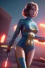 Placeholder: retro sci-fi press image, supermarket explosions from 1960, sweet young Jane Fonda, tight latex suit, weapon, fighting stance, soft color, highly detailed, unreal engine 5, ray tracing, RTX, lumen lighting, ultra detail, volumetric lighting, 3d, finely drawn, high definition, high resolution.