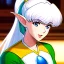 Placeholder: Clear focus, 8k, Elf, 80s style, White hair, ponytail, hair in between the eyes, up close,