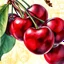 Placeholder: Exquisitely detailed branch of large, shiny, plump, juicy, very dark red-burgundy-colored cherries in watercolor, sunlit. Full-screen, wide-screen, sharp-focus, very close up. The background of the illustration extending all the way to the edges of the paper is a very small, very detailed mini-Cubist canvas, with style elements recalling Juan Gris, Paul Cézanne and Paul Klee, intricate, colored in a delicate, washed-out yellow-green-apricot abstract pattern with outline details. The watercolor i