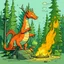 Placeholder: dragon breathing fire fighting with a cat in the forest