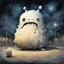 Placeholder: Dramatic watercolor and ink illustration, gigantic puffy fat marshmallow creature sitting in an empty school playground at night caught in the ambient streetlight, Lovecraftian creature made of marshmallows with frustrated confused look on face, sinister whimsey, oddball masterpiece, sfumato, Gallows humor, complex contrast, dynamic composition, by zdzislaw beksinski