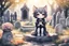 Placeholder: cute chibi cat girl in the graveyard, sadly sitting next to a grave, flowers in her hand in sunshine, melting watercolor and black ink outlines on wet paper, shading colors, soft strokes, ethereal, otherwordly, cinematic postprocessing, bokeh, dof