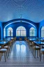 Placeholder: A restaurant with the outer shape of the walls in blue and a white floor. It contains one table in the middle of the restaurant, and the walls are oval in shape, containing 30 chairs.