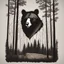 Placeholder: M shaped bear head combined with woods silhouette in backround, letterpress style, minimalistic pencil art