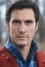 Placeholder: Blue eyes, close-up facial portrait - a Bright, well-lit UHD, 1080p 32k, photograph - winter time, hunting season, part Jesus Christ, part Elvis Presley with a mustache and short crew-cut hair, part Lee Majors, Part red and black checkered wool coat, blue jeans, cowboy boots, plaid shirt, sunbursts, crosses, 3D lighting, diamonds, hearts, Butterflies, Clovers, Roses, extremely colorful,