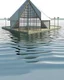 Placeholder: restaurant placed in a lake, the center corridor is submerged in water, realistic, modern style